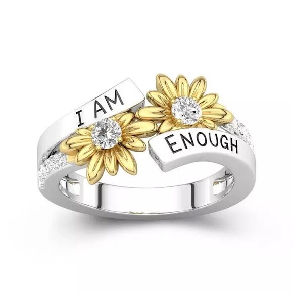 ❤️33❤️ “I AM ENOUGH” Two Tone 14k White Gold Yellow Gold Daisy Diamond Ring - Picture 1 of 13